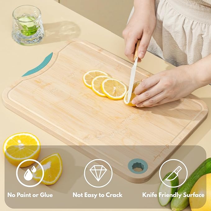 Aged Bamboo Cutting Board for Kitchen, Double-Sided Reversible with Juice Groove, Thick Durable, Standing Design for Fruits Meat Vegetables, Set of 2