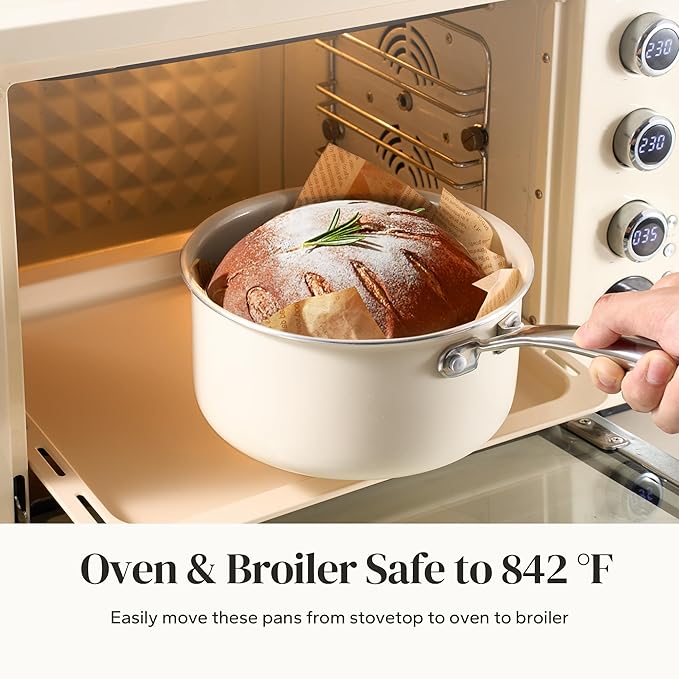 Redchef Ceramic Sauce Pan with Lid, 2.5QT Small Saucepan, Nonstick Cooking Pot with Stay-Cool Handle, Kitchen Non Toxic Soup Pot, PTFE & PFOA Free, Oven Dishwasher Safe, Compatible All Stovetops-Beige