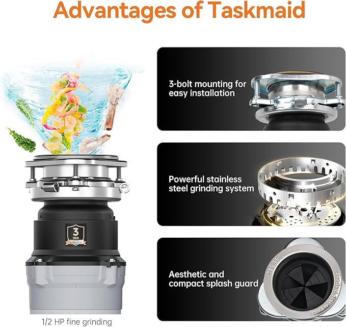 1/2 HP Garbage Disposal, Stainless Steel Food Waste Grinding System and 3-Bolt Mounting, Continuous Feed Compact Garbage Disposals, Power Cord Included, Taskmaid Series 50