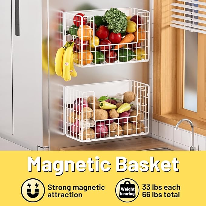 Magnetic Shelf for Fridge, Fruit Potato & Onion Storage Bins, Pantry Organizers & Storage, Large Container Magnetic Basket for Refrigerator, Kitchen Counter,Cabinet Magnetic Fridge Organizer White (2)