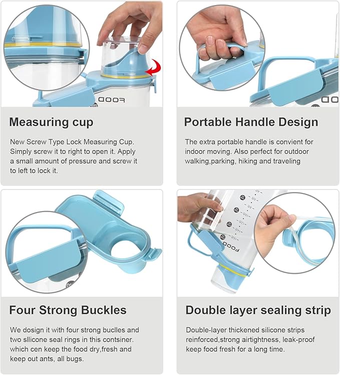 Dog Food Storage Container, Upgraded Large Nozzle BPA-free, 3-5 LBS Plastic Pet Food Storage Containers, With 4 Sealed Clasps, 1 Measuring Cup and Handle (Sunshine Blue)