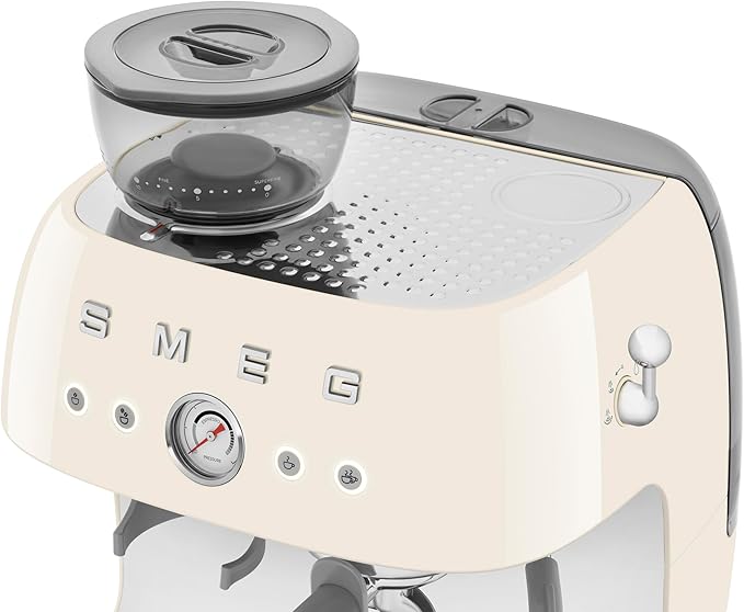 Smeg EGF03 Semi-Automatic Espresso Machine with Built-In Grinder, Dual Thermoblock, 50’s Retro Style – Cream (120 V)
