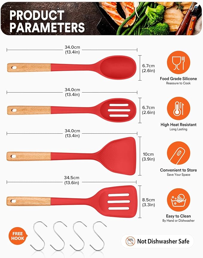 Silicone Cooking Utensils Set, Perfectly Angled for Frying, Mixing,Serving,Draining,Turning and Stirring, BPA-Free Matte Silicone, Wood Handles, Safe for Nonstick Cooking Surfaces,4 Pack (Red)