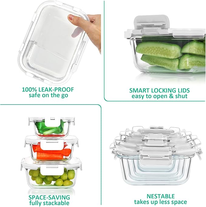24 Pieces Glass Food Storage Containers Set,Glass Meal Prep Containers-Stackable Airtight Glass Storage Containers with lids,Freezer, Microwave, Oven Safe,White