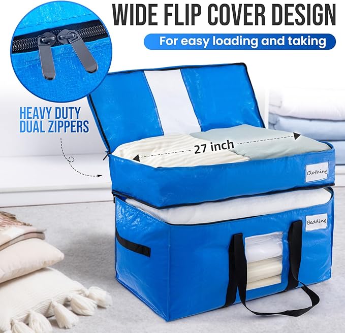 TAILI 2 Tier Extra Large Moving Bags, 2 Pack Blue Heavy Duty Totes for Storage with Visible Window, Wrap Around Handles, Storage Bags for Space Saving, Alternative to Moving Boxes