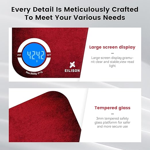 EILISON Smart Digital Food Kitchen Scale with Nutritional Calculator, On-Screen Nutrient Info, Free App for Calorie & Macro Tracking, Personal Goals, for Weight Loss and Keto, 5g-8kg Capacity (Red)