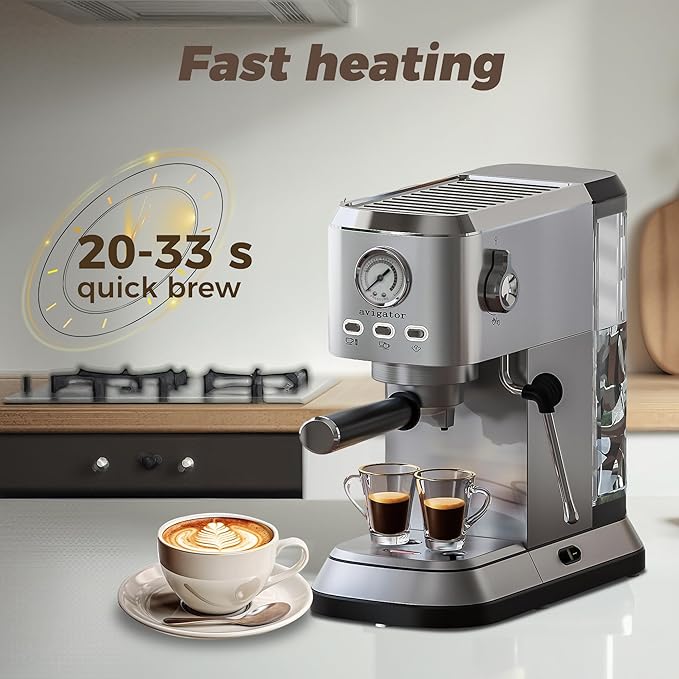 Coffee Espresso Machine 20 Bar, Cappuccino Coffee Makers with Milk Frother and Removable Water Tank, Stainless Steel Expresso Machines for Home