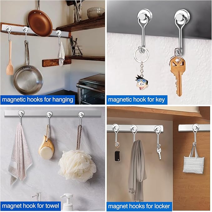 LOVIMAG Hooks, 30lbs+ Magnetic Magnet Hook 2025 Cruise Cabin Ship Essentials Heavy Duty Strong Refrigerator Fridge Hanging for Classroom Beach Vacation Kitchen Grills Home Mug Hanger (6 Pack), Silver