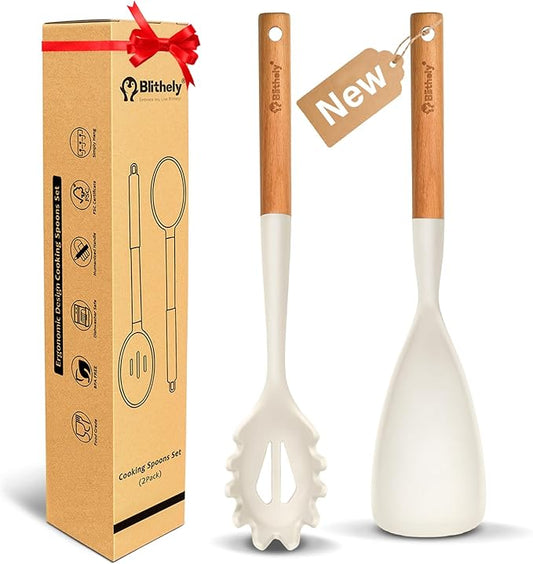 Silicone Cooking Spoon and Pasta Fork Set, 2 Pack Large Spatula Spoons Set with Wooden Handle, Heat Resistant Multifunction Spoon for Cooking, Serving and Mixing Spaghetti (White)