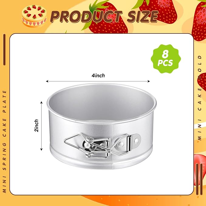 Sunnyray 8 Pcs 4 Inch Springform Pan for Baking Mini Cheesecake Pans with Removable Bottom Nonstick Leakproof Round Cake Mold Spring Form Molds for Mini Cheesecake Pizza and Quiches (Silver)
