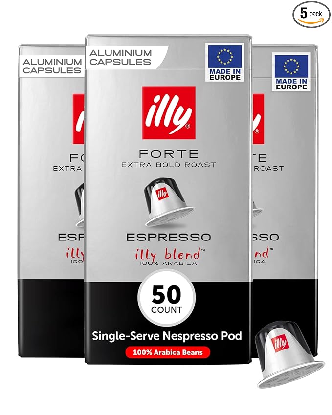 illy Aluminum Espresso Capsules - Compatible with Nespresso Machines - Forte Extra Bold Roast Coffee- Rich & Strong Flavor - Notes of Dark Chocolate - Single Serve Capsules - 10 Count (Pack of 5)
