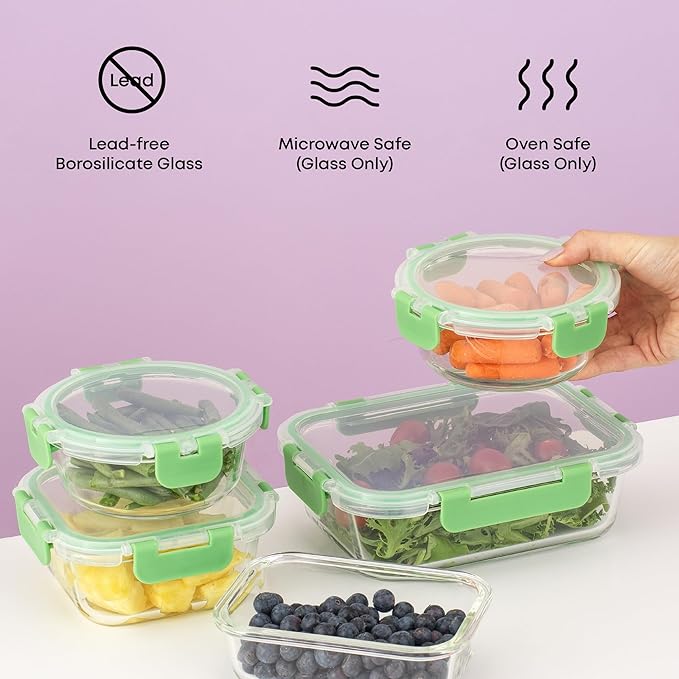 JoyJolt 24pc Borosilicate Glass Storage Containers with Lids | 12 Airtight/Freezer Safe Food Storage Containers for Pantry and Kitchen | Meal Prep Container for Lunch | Glass Tupperware Set