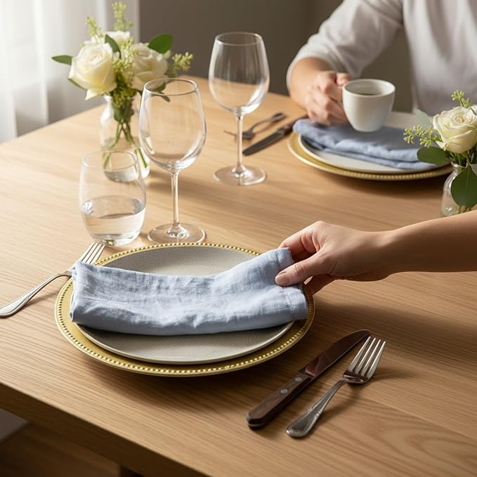 Hemstitched Linen Napkins – 20 Inch x 20 Inch – Stonewashed Pure Linen Cloth Dinner Napkins with Mitered Corners - 100% French Flax – Machine Washable - Set of 4 (Dusty Blue)