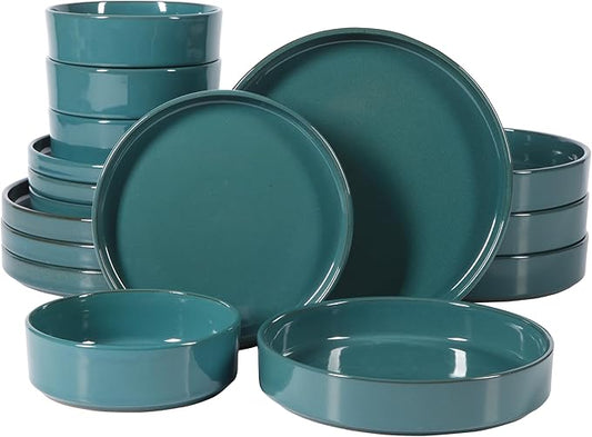 Bloomhouse Santorini Mist Double Bowl Terracotta Reactive Glaze Plates and Bowls Dinnerware Set - Jade Blue Green, Service for Four (16pcs)