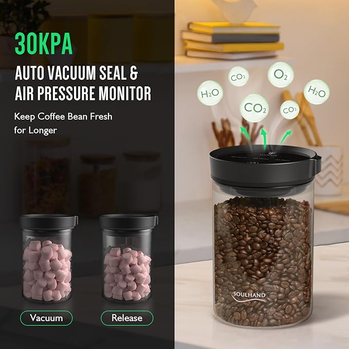 SOUL HAND Vacuum Coffee Canister Automatic Airtight Coffee Containers & Food Storage, Glass Coffee Jar with Spoon, Touch Screen Coffee Storage Container for Coffee Beans/Sugar/Nuts 1.6 L