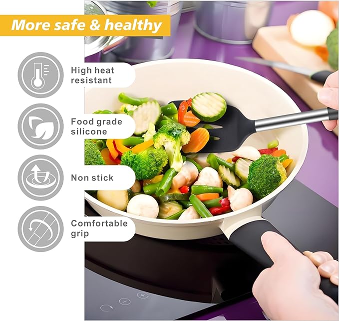 Silicone Kitchen Cooking Utensils Set 5-Piece BPA-Free Heat-Resistant Non-Stick & Dishwasher-Safe, with Slotted/Solid Spoons & Spatulas for Frying,Draining – Includes Multi-Purpose Serving Hook(Black)