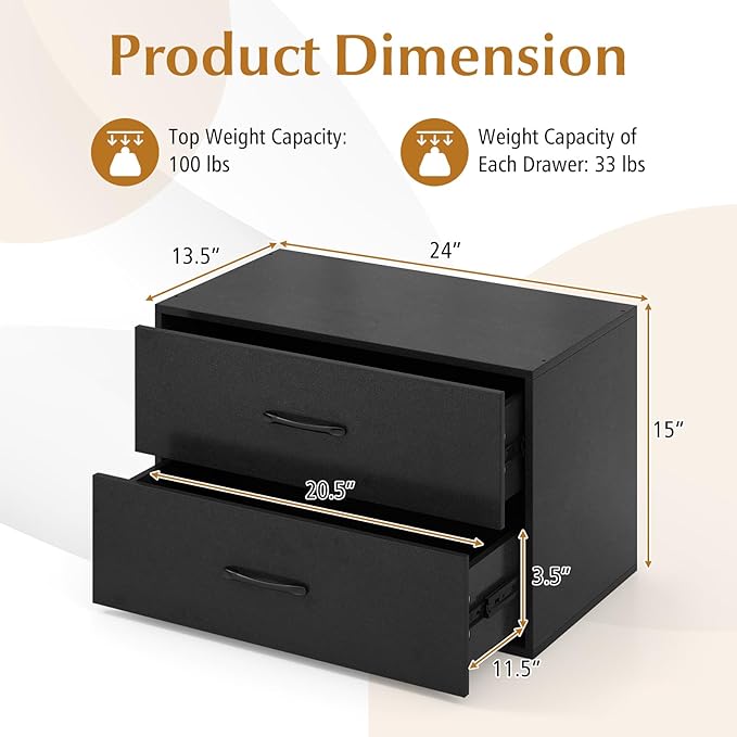 Giantex Stackable Drawers for Closet, 2-Drawer Short Dresser, Multi-Purpose Storage Cube with Anti-Scratch Pads, Anti-Tipping Devices, Storage Cabinet for Living Room, Entryway, Home Office (2, Black)