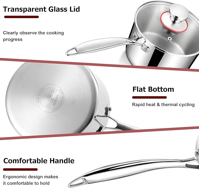 Homikit 3QT Saucepan with Lid, Tri-Ply Stainless Steel Sauce Pan, Induction Cooking Pot with Ergonomic Handle, Small Pot for Cooking, Warming Milk, Boiling Eggs, Dishwasher Safe