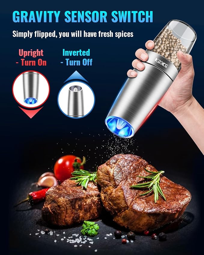 XinXu Gravity Electric Pepper and Salt Grinder Set, Salt and Pepper Mill & Adjustable Coarseness, Battery Powered with LED Light, One Hand Automatic Operation, (Set/Silver)