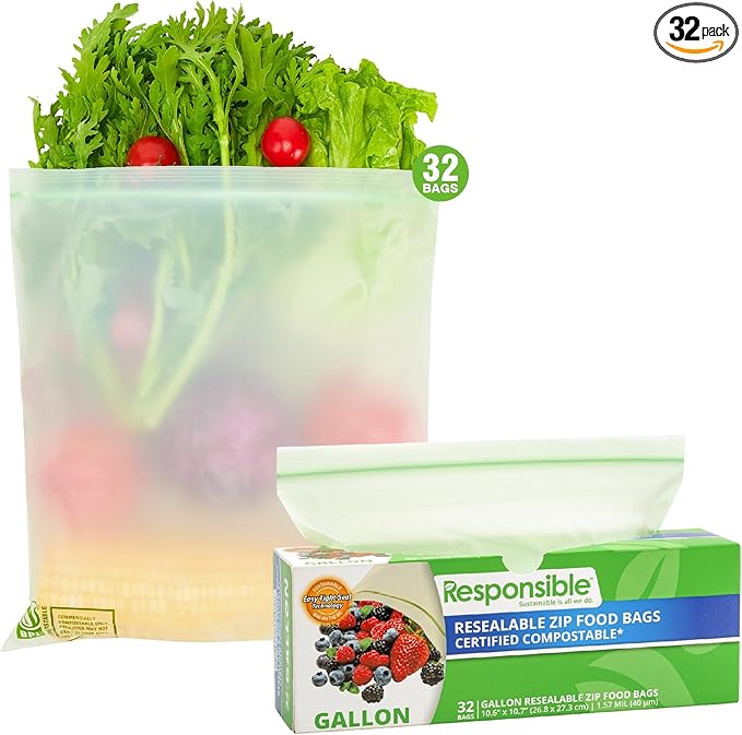 Certified Compostable Large GALLON Resealable Zip Bag, Extra Strength Food Bags, Made from Plant Materials (32 Pack)