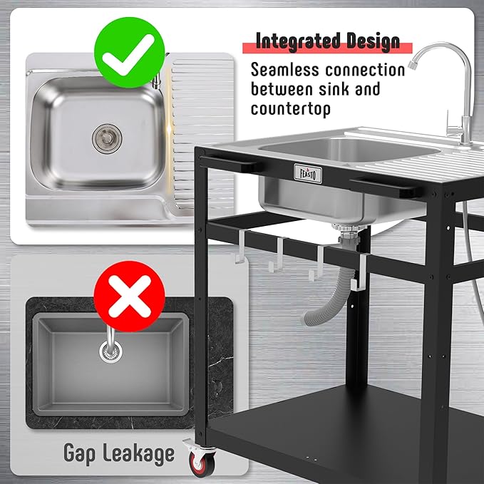 35” Outdoor Grill Cart with Sink, Outdoor Kitchen Sink Station with Hose Hook Up, Free Standing Sink with Wheels, Stainless Steel Sink with Single Bowl, Outdoor Utility Sink with Faucet