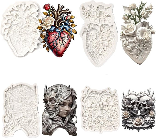 (Four-piece set) Heart-shaped flowers, skeleton girl, skull flowers, DIY silicone mold, cake chocolate mold wedding cake decoration tool marshmallow cake mold