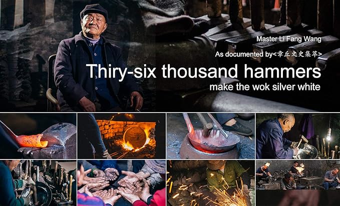 臻三环 ZhenSanHuan Chinese Hand Hammered Iron Woks and Stir Fry Pans, Non-stick, No Coating, Carbon Steel Pow (34CM, BlueBlack Seasoned with help handle)