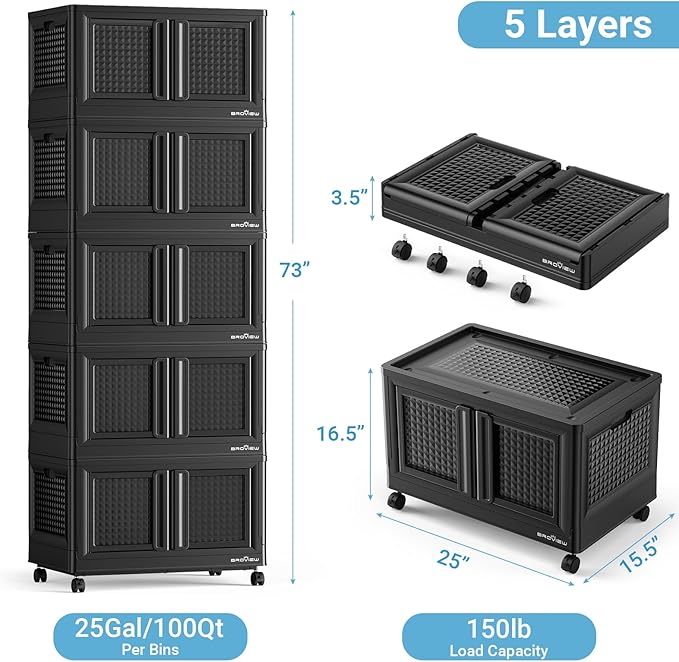 BROVIEW 500Qt Stackable Storage Bins with Lids, 125Gal Closet Organizers and Storage Drawer, Plastic Collapsible Storage Bins with Doors, Heavy Duty Store Box Cabinet for Home Kitchen, 5Pack Black
