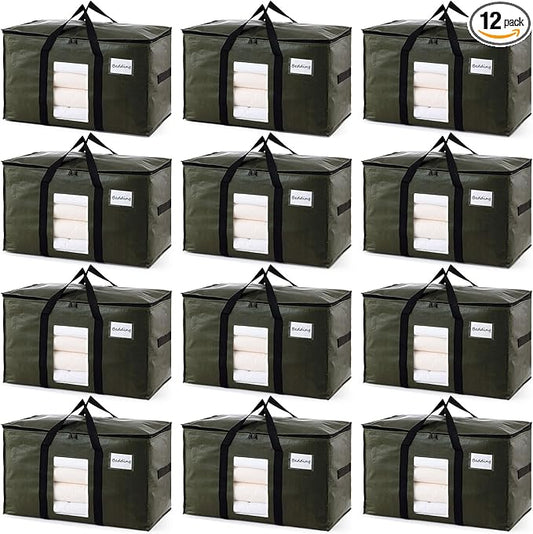 TAILI 12 Pack Green Extra Large Storage Bags, Heavy Duty Totes with Visible Window, Wrap Around Handles, Perfect for Moving and Storage