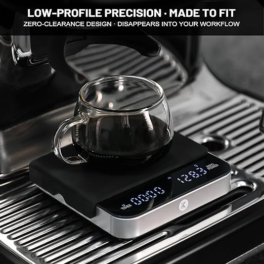 KitchenTour CaféMetric Coffee Scale with timer 0.1g/2000g - Precision Scale for Espresso & Pour over - Water flow Speed Mode and Coffee powder-to-liquid ratio Mode - Rechargeable, LCD Display - Silver