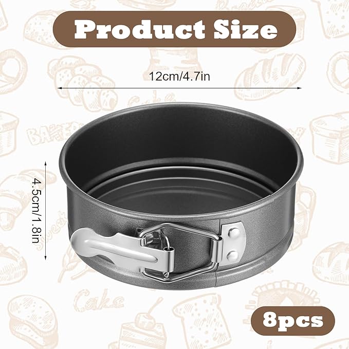 8 Pcs 4.7 Inch Springform Pan with Removable Bottom, Nonstick, Round Springform Cake Pan, Leakproof Mini Cheesecake Pan with Stainless Steel Spring Buckles for Baking Kitchens Restaurant (Black)