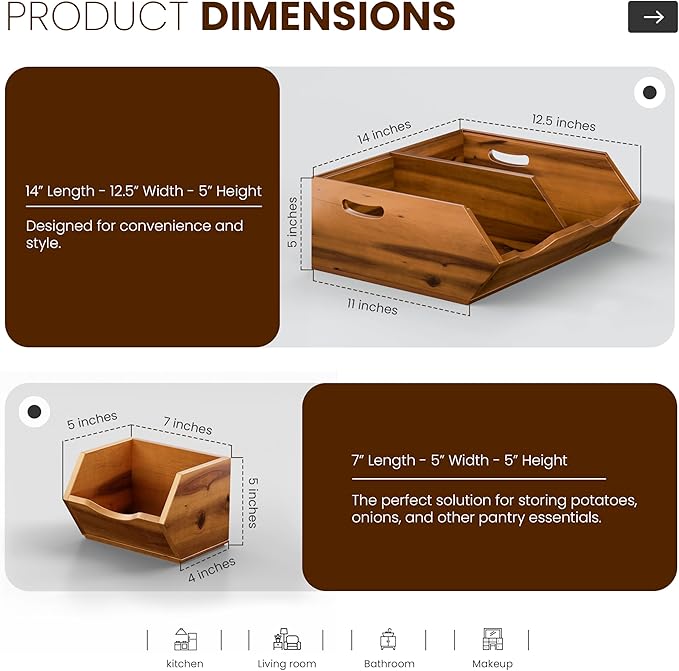 HOLANA Onion and Potato Storage Bins - Acacia Wood Pantry Baskets Organization and Storage - Wooden Stackable Baskets for Bread, Fruit, Vegetable - Onion Basket for Kitchen Counter (Patent Pending)