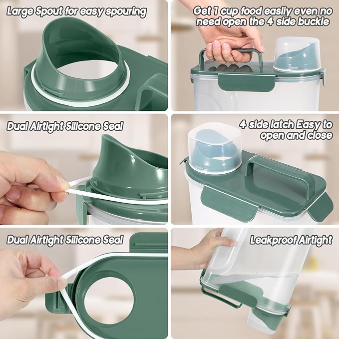 Dog Food Storage Container, Upgraded Large Nozzle BPA-free, 3-5 LBS Plastic Pet Food Storage Containers, With 4 Sealed Clasps, 1 Measuring Cup and Handle (Green+Dark Green)