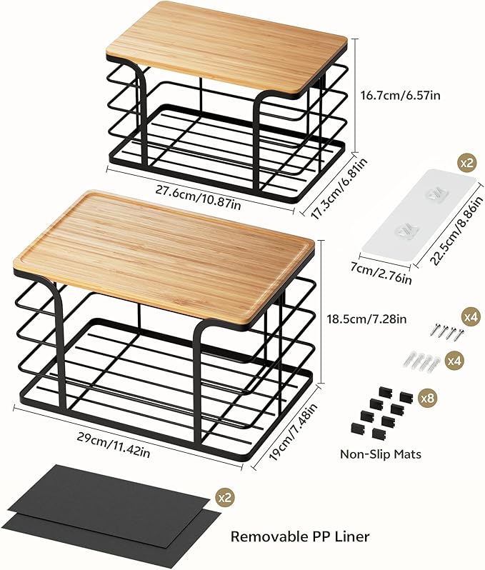2 Pack Potato and Onion Storage Bin,Stackable Pantry Organizers and Storage with PP Liner and Bamboo Top,Kitchen Storage Organization Counter Basket for Fruits,Produce,Vegetable, Black