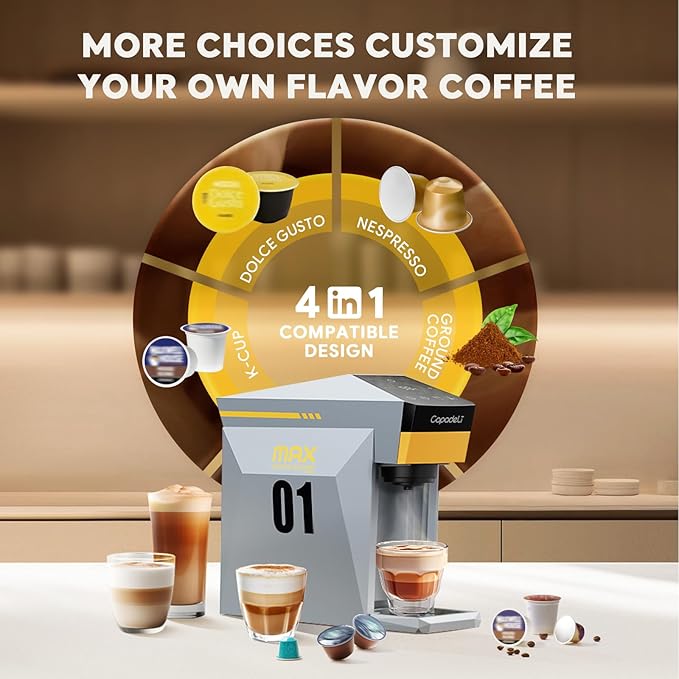 4 in 1 Single Serve Coffee Maker,Fast Brew in 1 minute 19Bar Pump Coffee Machine for K*Cup/NES*presso/Ground Coffee/Do'lce Gusto,with 27oz Removable Water Reservior, Espresso Coffee Machine,