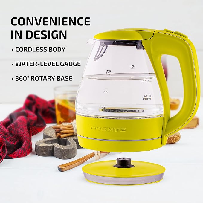 OVENTE Electric Kettle, 1.5L Borosilicate Glass Countertop Water Heater and Boiler for Coffee or Tea, BPA-Free, Auto Shut-Off,  Boil-Dry Protection, Removable and Washable Spout Filter, Green KG83G