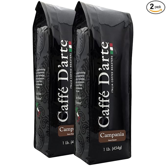 Caffe D'arte Campania Whole Bean Coffee, Dark Roast, Bold & Robust with Chocolate Notes, Fresh Roasted in Seattle, 1 Pound Bag, Pack of 2