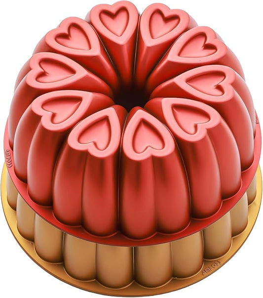 Heart Shape Aluminum Cake Pan, Titanium Coating, Non-Stick, 12 Cups, Gifts for Mom, 10 Inch Baking Mold, Cast Aluminum Fluted Tube Pan, Easy to Clean (2-Pack, Red-Gold)