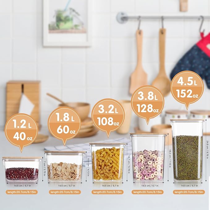 Large Capacity Plastic Food Storage Containers with Bamboo Lid - Moisture-proof Sealing Box Jars with Wooden Lids for Kitchen Storage (40 OZ+60 OZ+108 OZ- XS+S+M)