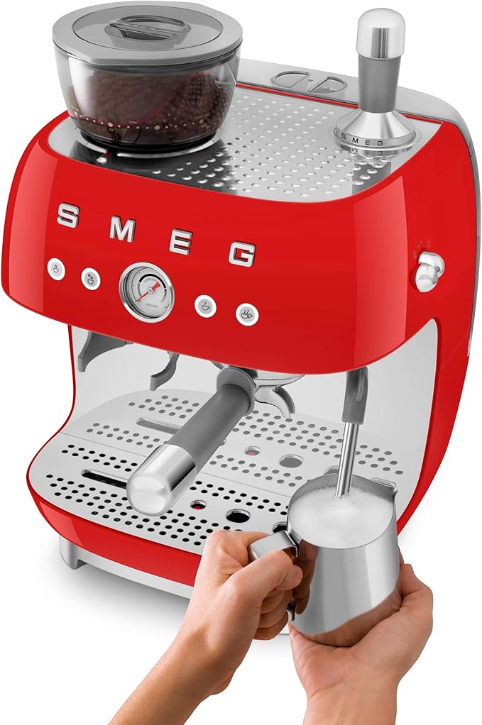 Smeg EGF03 Semi-Automatic Espresso Machine with Built-In Grinder, Dual Thermoblock, 50’s Retro Style – Red (120 V)