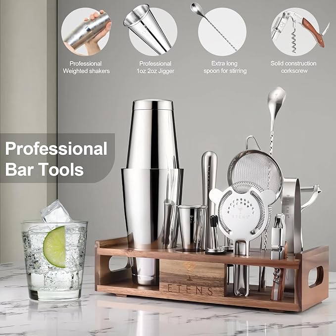 Premium 15-Piece Mixology Bartender Kit – Stainless Steel Cocktail Shaker Set with Wooden Stand | Professional Boston Shaker Bar Tool Set for Home & Expert Mixologists | Luxury Cocktail Making Gift