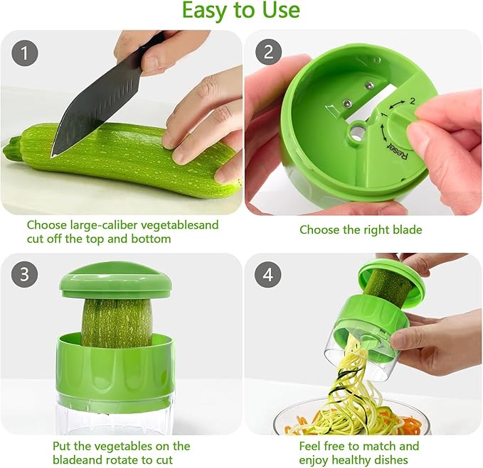 Handheld Low-Carb Spiralizer，3-in-1 Veggie Noodle Maker for Zucchini, Carrots & More, Compact Design for Small Kitchens, Rust-Resistant Stainless Steel Blades(Green)