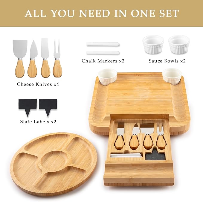 Zulay Kitchen Premium Bamboo Cheese Board Set - Extra Thick Bamboo Charcuterie Board Set with 4 Piece Knife Set - Wooden Cheese Board is Perfect for Charcuterie, Wine and Cheese (Party Set) - Icon