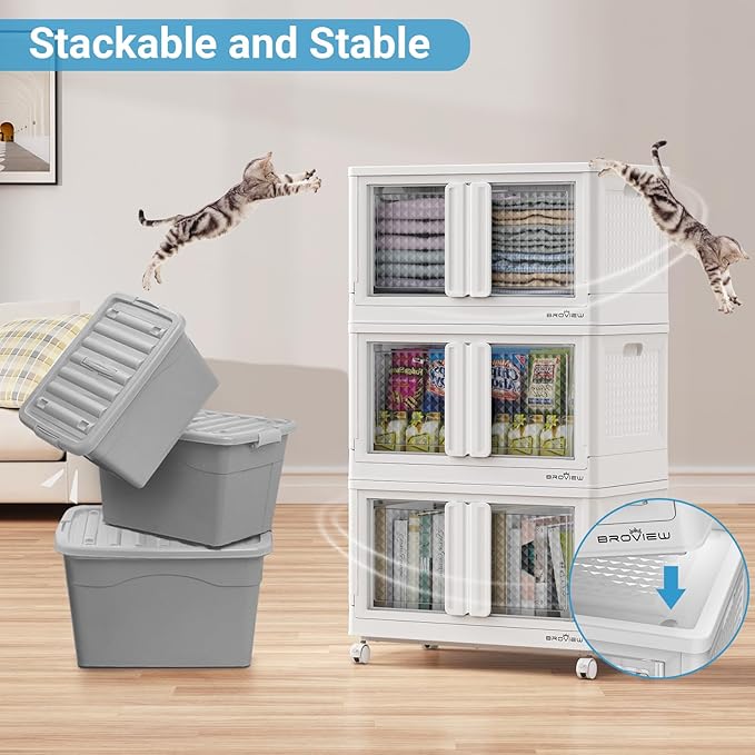 BROVIEW 400Qt Stackable Storage Bins with Lids, 100Gal Closet Organizers and Storage Drawer, Plastic Collapsible Storage Bins with Doors, Heavy Duty Store Box Cabinet for Home Kitchen, 4Pack White