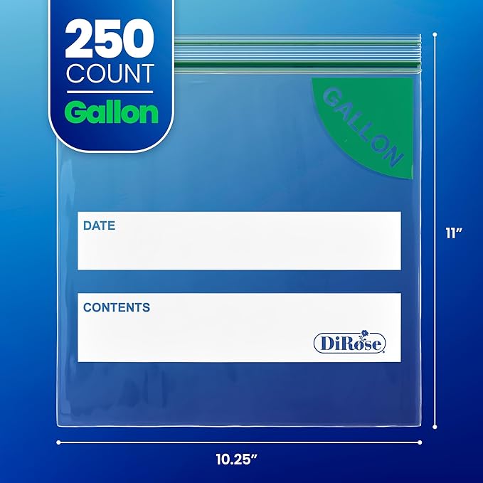 DiRose Gallon Bags Pack of 250 – 1 Gallon Reclosable Storage Bags – Practical and Durable Design – Food Safe Non-BPA Material – Easy Zip Closure – Ideal for Food, Snacks, Dog Treats, Organizing