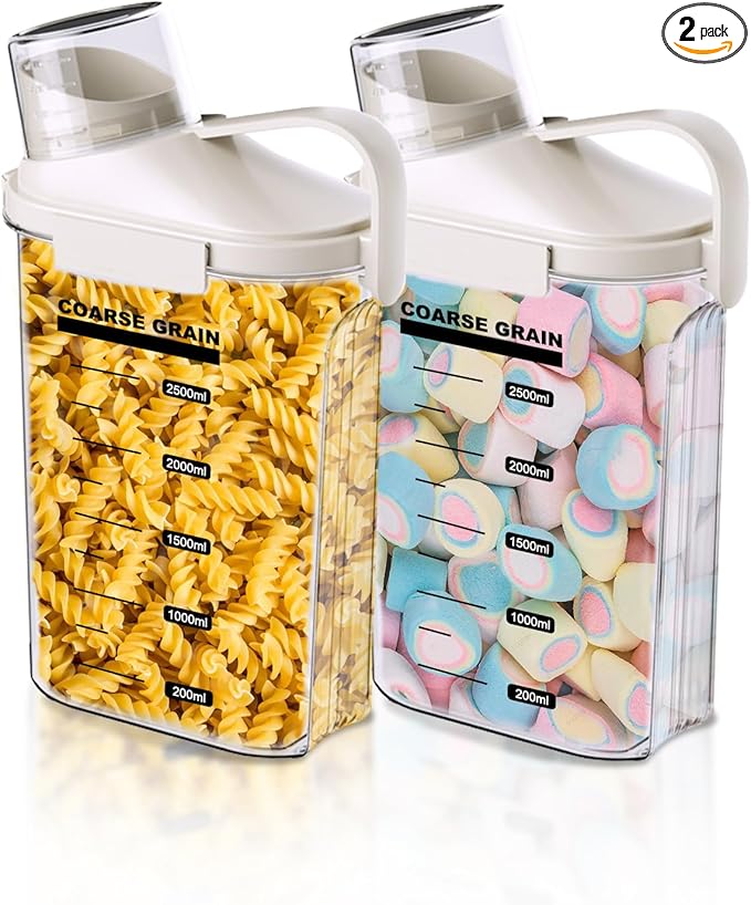 2-Pack Airtight Cereal & Dry Food Storage Containers, BPA-Free Plastic Rice Containers with Lids & Measuring Cup, Kitchen & Pantry Organization for Dry Pet Food, Flour, Grain, Nuts, Snacks, White