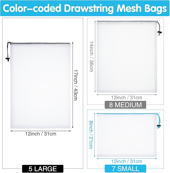 Frienda 20 Pcs Mesh Bags for Toys Storage 3 Sizes Reusable Produce Bags with Drawstring for Beach Bath Pool Toy Organizer, Fruits Vegetable Grocery Playroom Storage(Black, Gray, Blue)