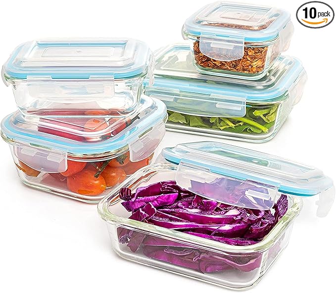 Moss & Stone 10-Piece Borosilicate Glass Meal Prep Containers – 100% Leak-Proof Snap-Lock Lids, Airtight & BPA-Free – Freezer, Microwave & Oven Safe (Glass Only) – Stackable/Nestable Food Storage Set