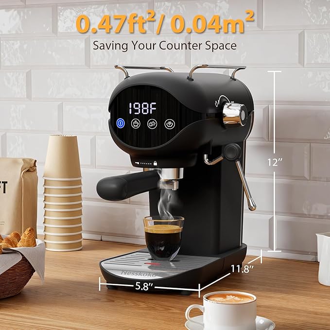 Espresso Machine with Steam Milk Frother Semi Automatic 20 Bar Compact Black with Touch Screen for home Cafetera Espresso, Latte, Cappuccino, Americano, Macchiato