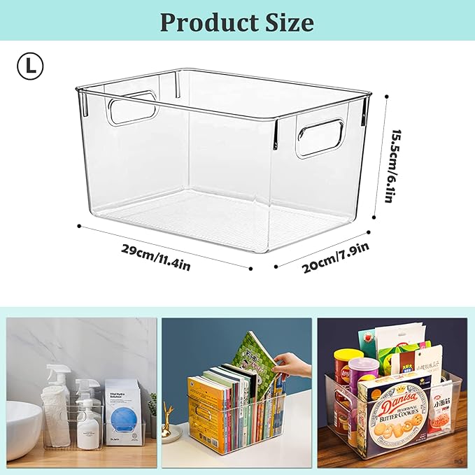 Fridge Organiser Set, Clear Plastic Storage Bins, 4 Pack Pantry Organizers & Storage Containers, Cabinet Organizer, Home Organization Must Haves for Kitchen, Laundry Room, Office, Closet & Freezer